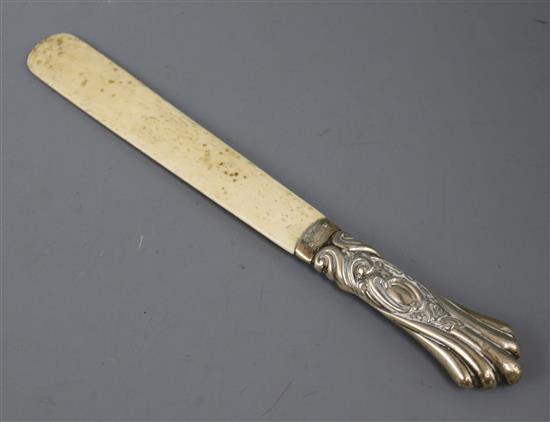 A late Victorian silver letter opener with bone blade, Henry Matthews, Birmingham 1897, 22cm.